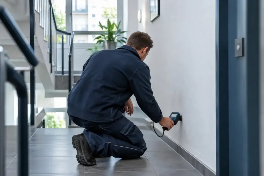 Handwerker misst im Treppenhaus eines Mehrfamilienhauses die Feuchtigkeit der Wand