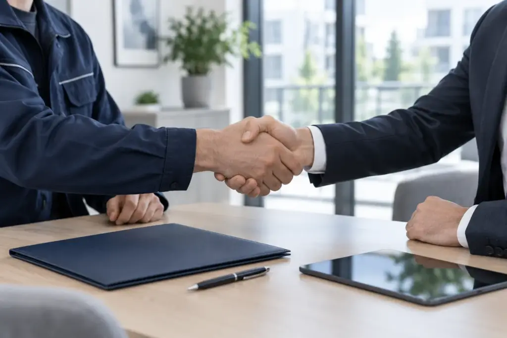 Handschlag zwischen Handwerker und Geschäftspartner über einer Vertragsmappe