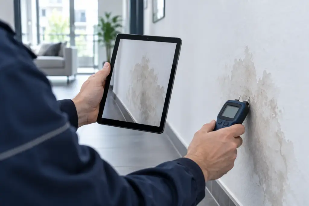Techniker dokumentiert einen Wasserfleck mit Tablet und Feuchtemessgerät