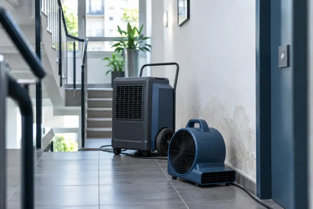 Luftentfeuchter und Ventilator trocknen den Flur eines Mehrfamilienhauses nach einem Wasserschaden